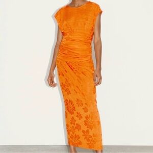 Zara Vibrant Orange floral print Midi Dress